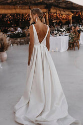 Elegant Satin A-line V-neck Sweep Train Wedding Dresses, Bridal Gown